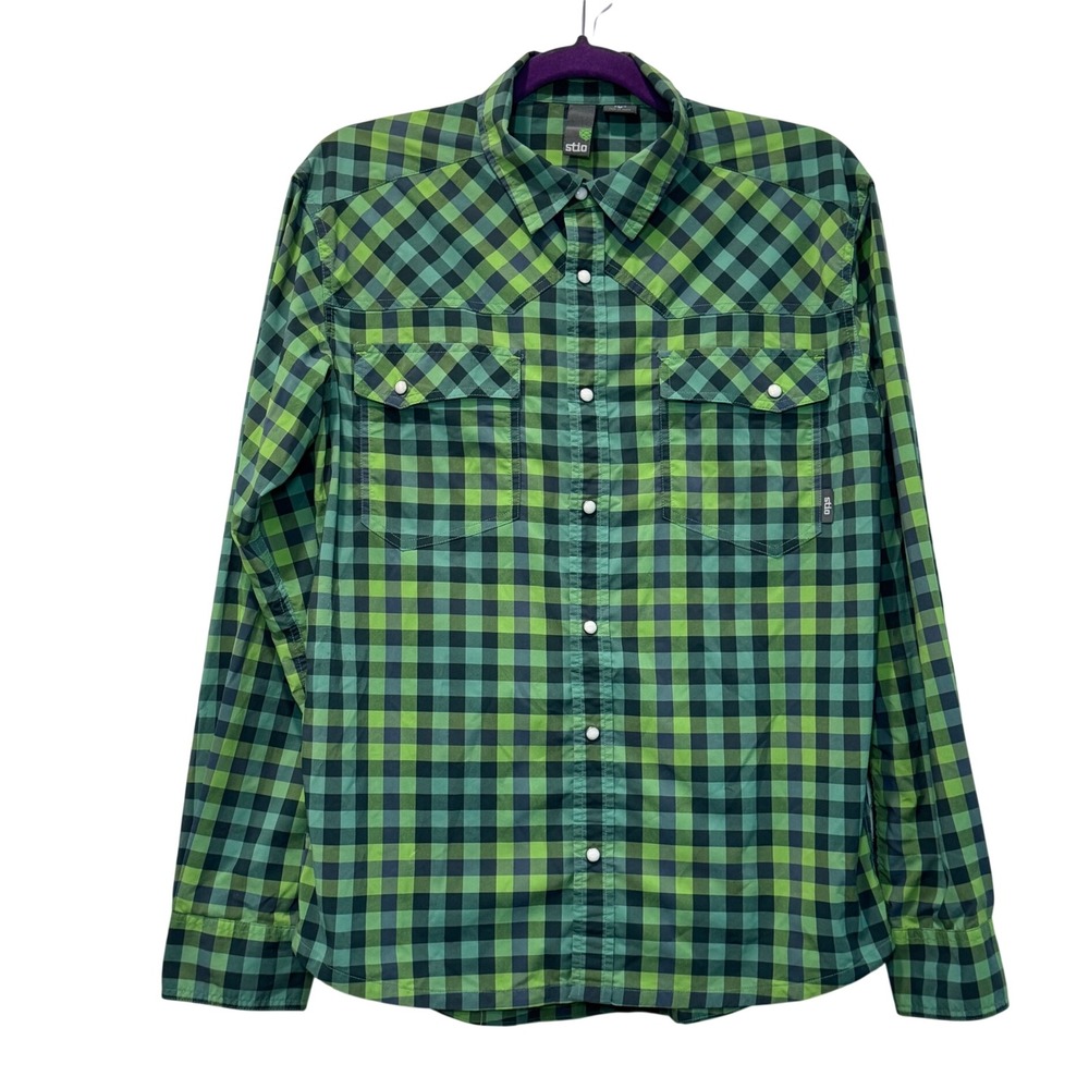 Stio Eddy Mens Green Plaid Western Pearl Snap Technical Shirt Style Small